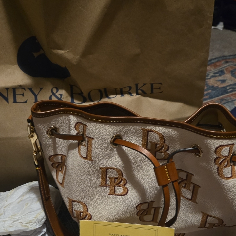 Dooney & Bourke Cream and Brown Logo Drawstring Tote